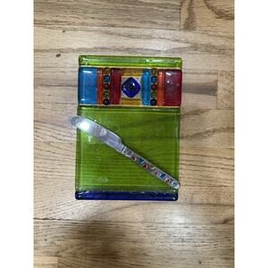 Signed Kathy Hudson Me 2 U Fused Art Glass Cheese Tray With Knife